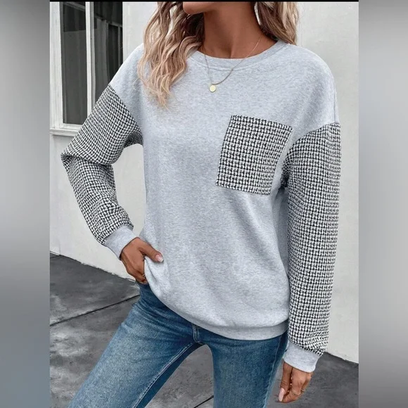SHEIN- Houndstooth print drop Shoulder Sweatshirt - black / grey - size M - Picture 3 of 12